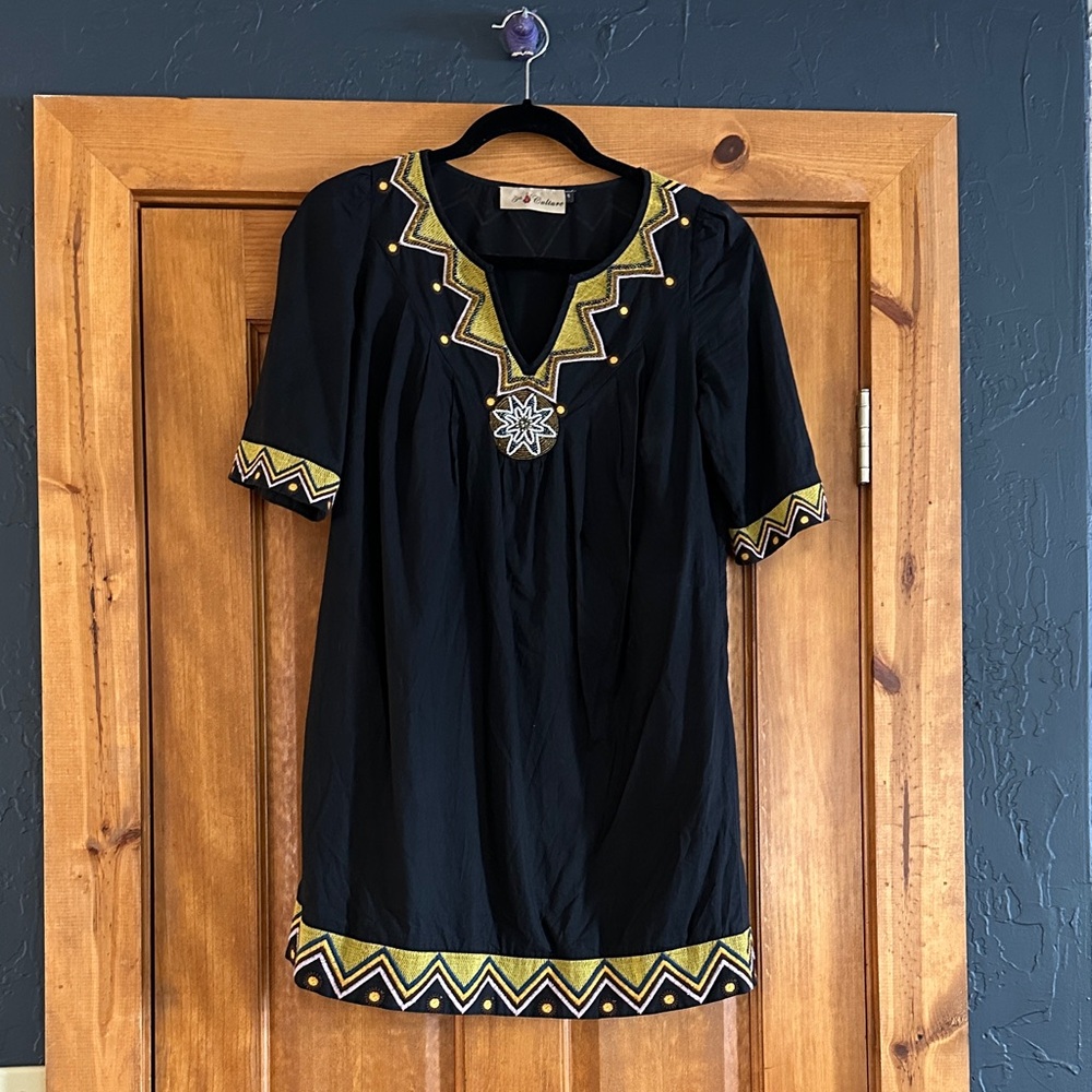 Black and Gold Embroidered Women's mini shift dress